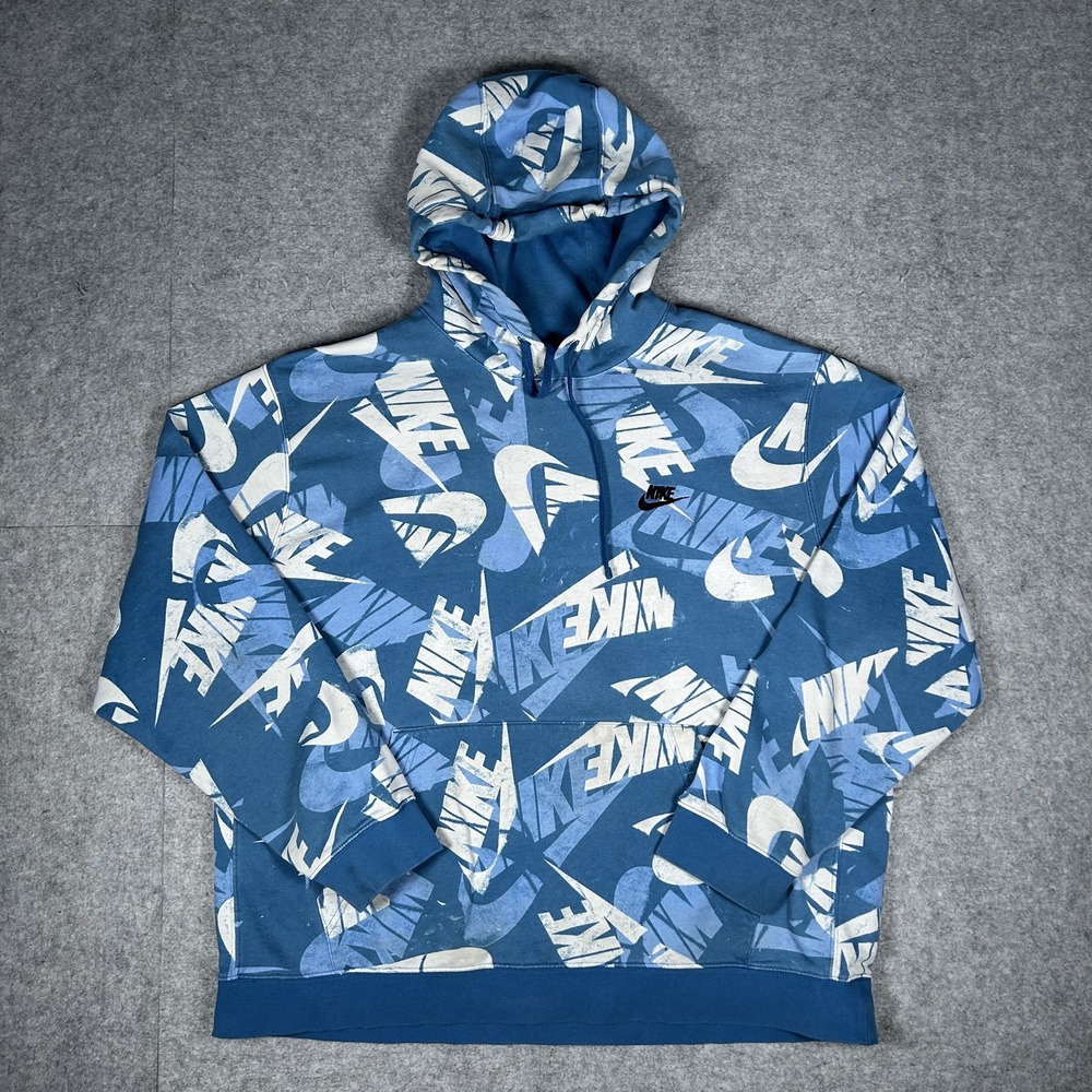 Vintage Nike Hoodie Mens XXL Blue Y2K All Over Print Swoosh Pullover Streetwear